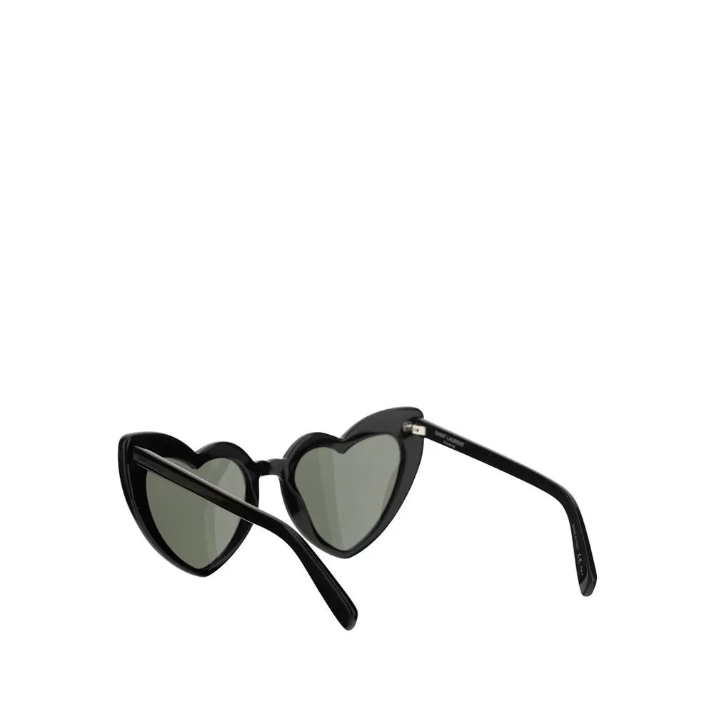 Black cat-eye sunglasses with heart-shaped dark lenses on white background