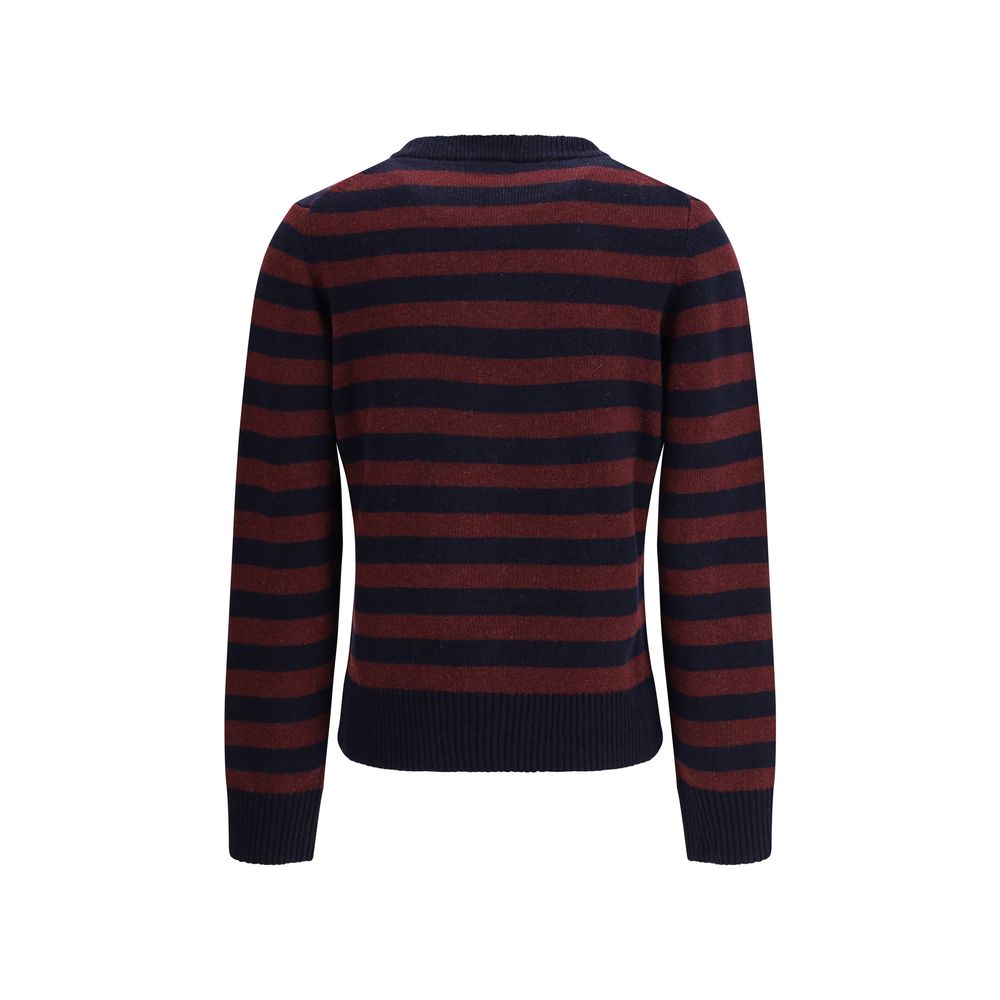 Back view of navy blue and burgundy striped knit sweater with long sleeves