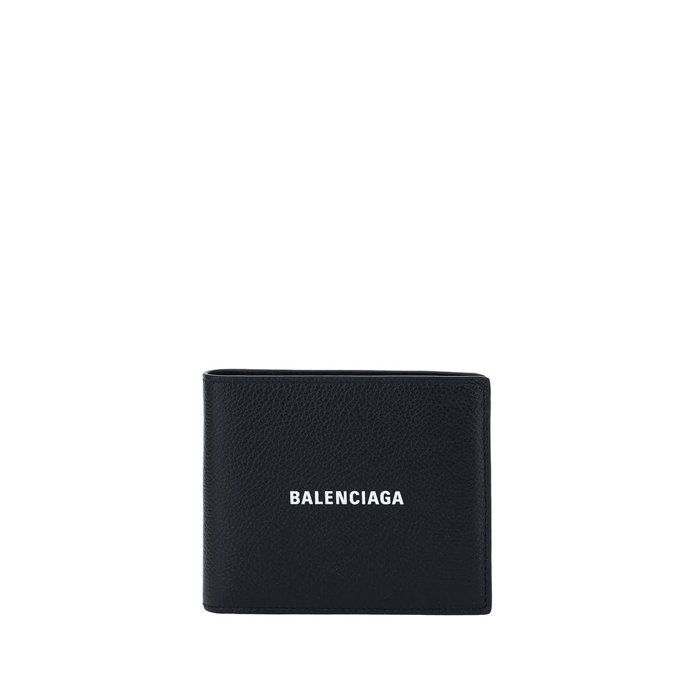 Black Balenciaga leather wallet with white logo on front against white background