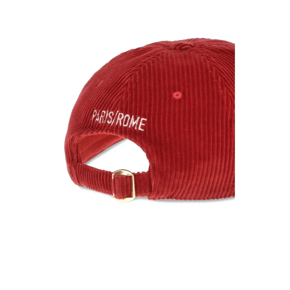 Red corduroy baseball cap with 'PARIS/ROME' embroidered in white and gold buckle strap
