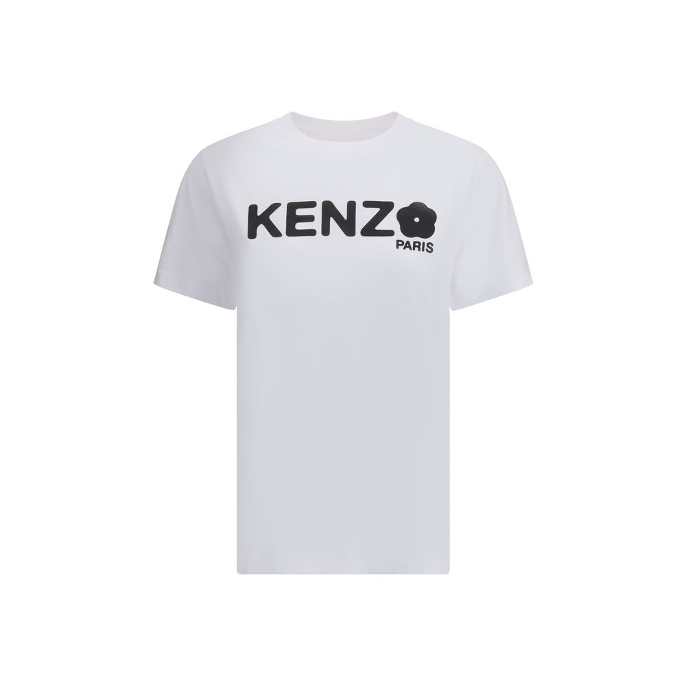 White Kenzo Paris T-shirt with black logo and flower graphic on chest