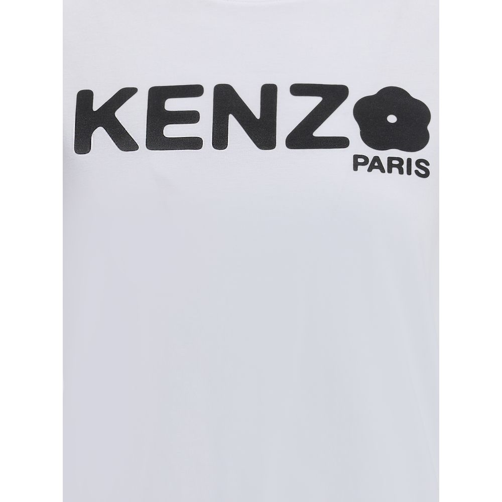 White fabric with black KENZO Paris logo and flower design printed on it