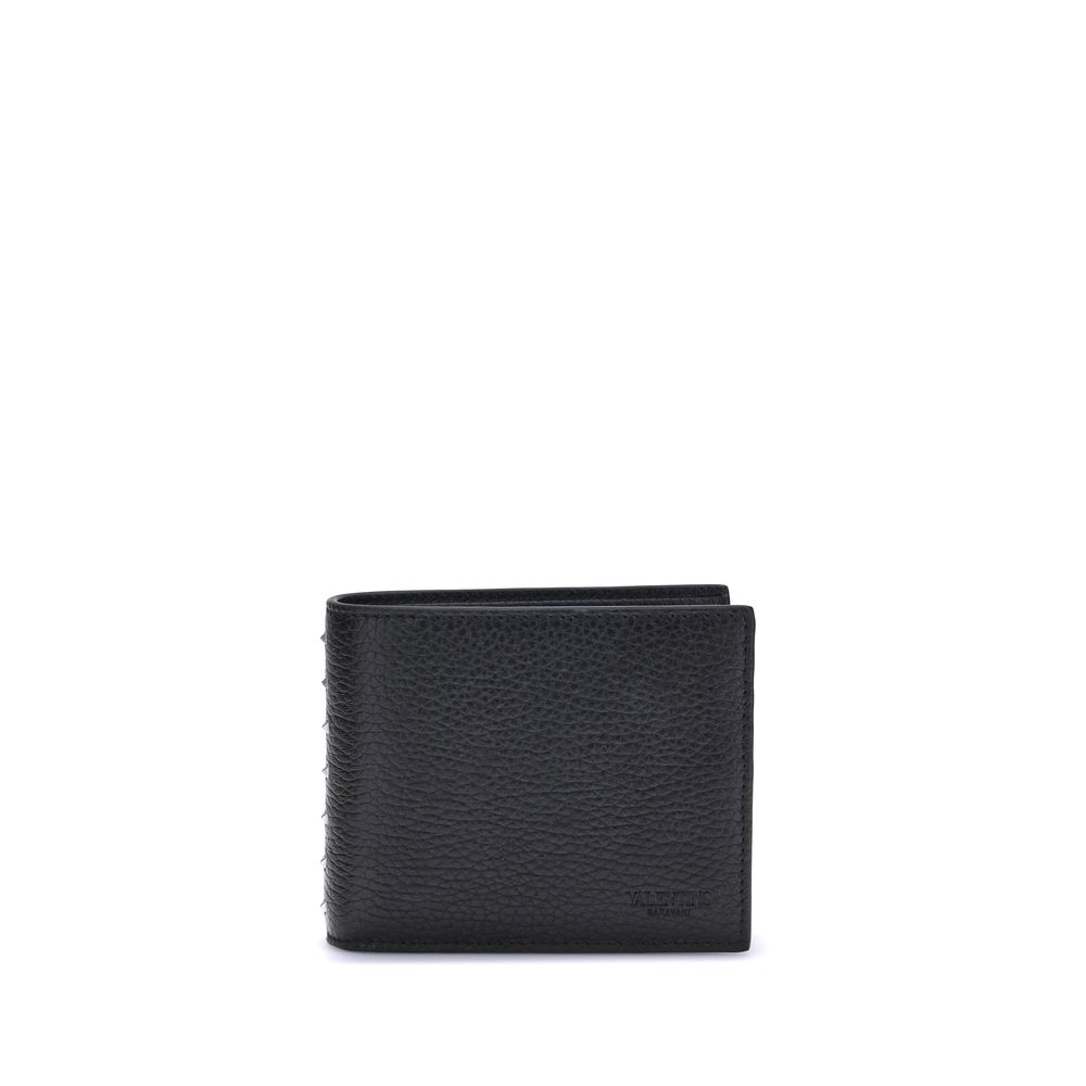 Black textured leather bifold wallet with Valentino branding on white background