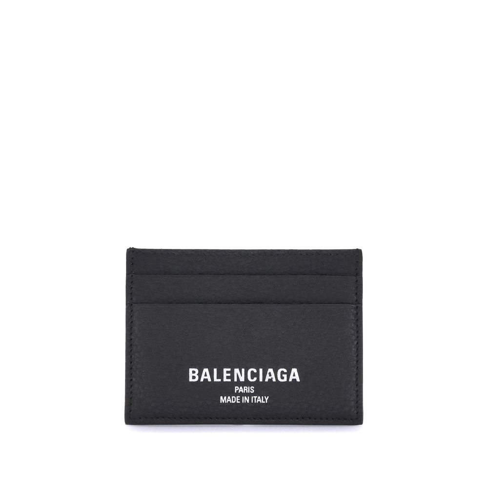 Black Balenciaga cardholder with white logo text, made in Italy, minimalist leather design