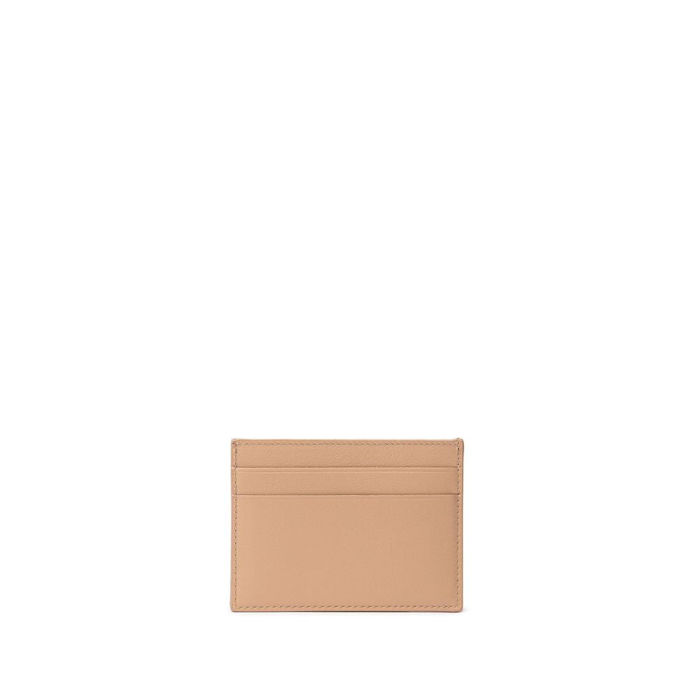 Minimalist tan leather card holder with three card slots on white background