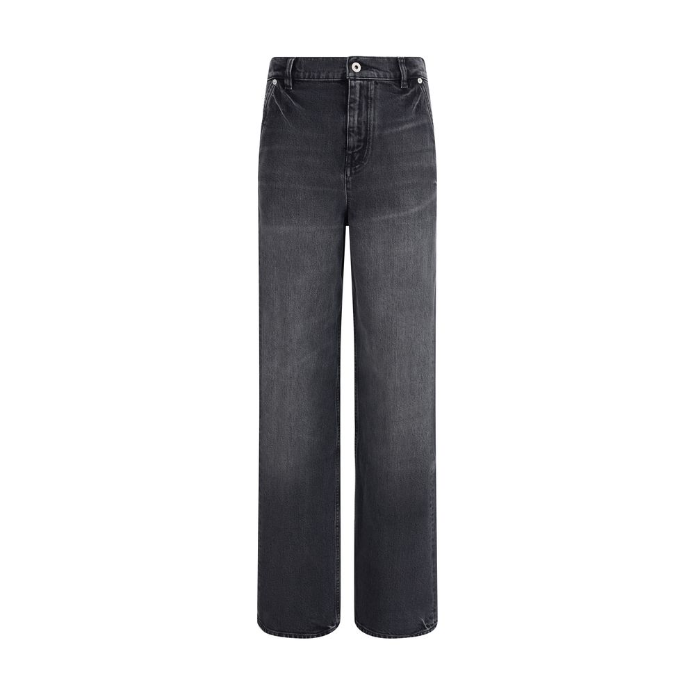 High-waisted black straight-leg denim jeans with front buttons and subtle fading