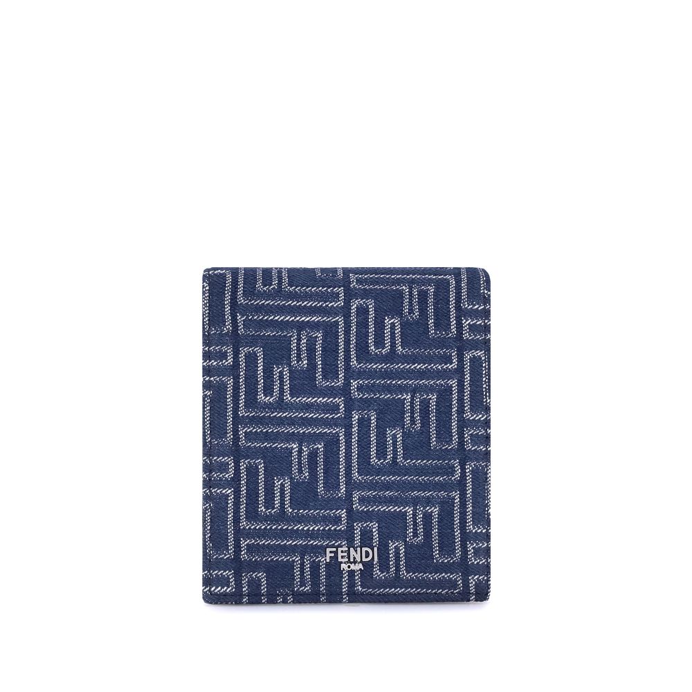 Fendi blue wallet with embossed FF logo pattern and silver Fendi Roma branding