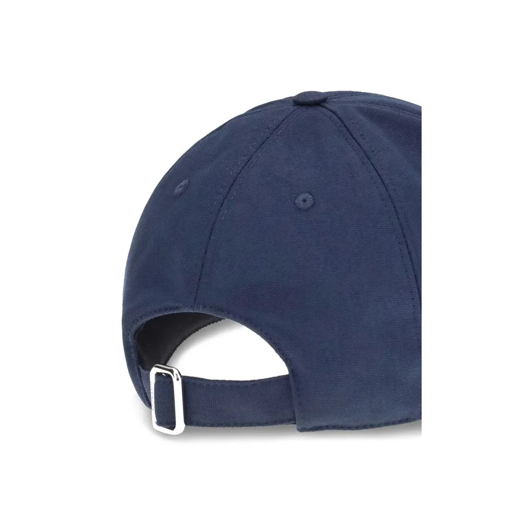 Back view of navy blue baseball cap with adjustable strap and metal buckle