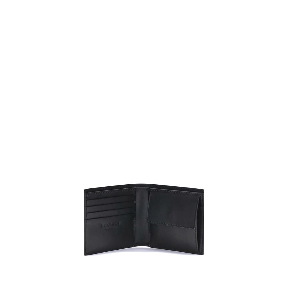 Black leather bi-fold wallet with card slots and coin pocket on white background