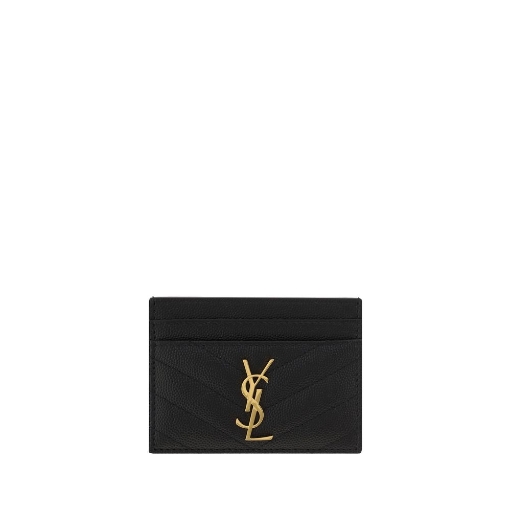 Black YSL leather card holder with gold logo and chevron stitching