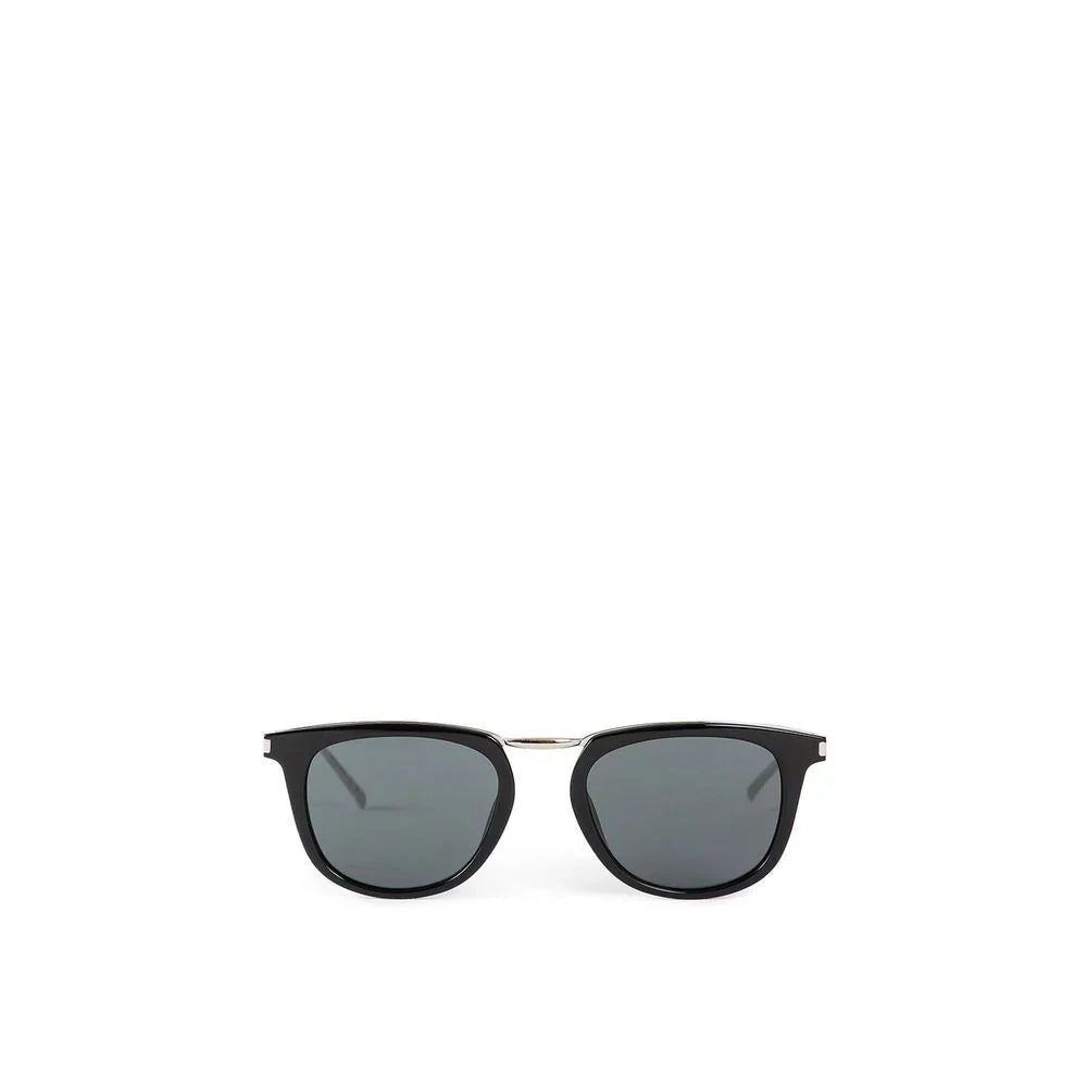 Black rectangular frame sunglasses with dark lenses and silver bridge on white background