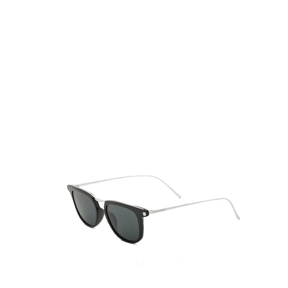 Black rectangular frame sunglasses with dark lenses and silver bridge on white background