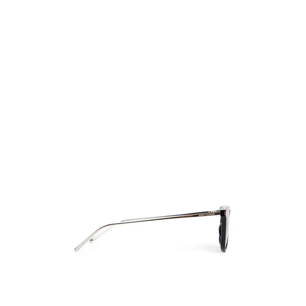 Side view of black-framed Saint Laurent sunglasses with slim silver temples on white background
