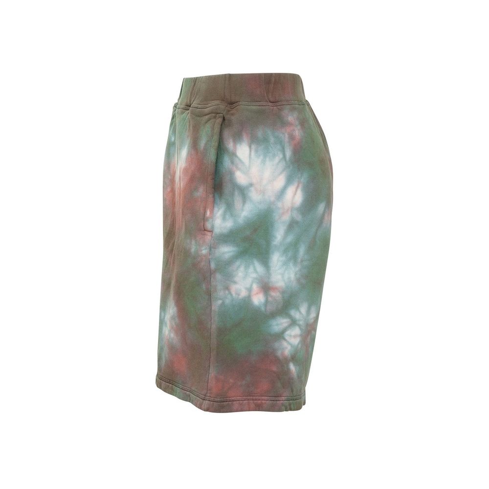 Side view of tie-dye shorts in earthy green, brown, and blue tones with elastic waistband
