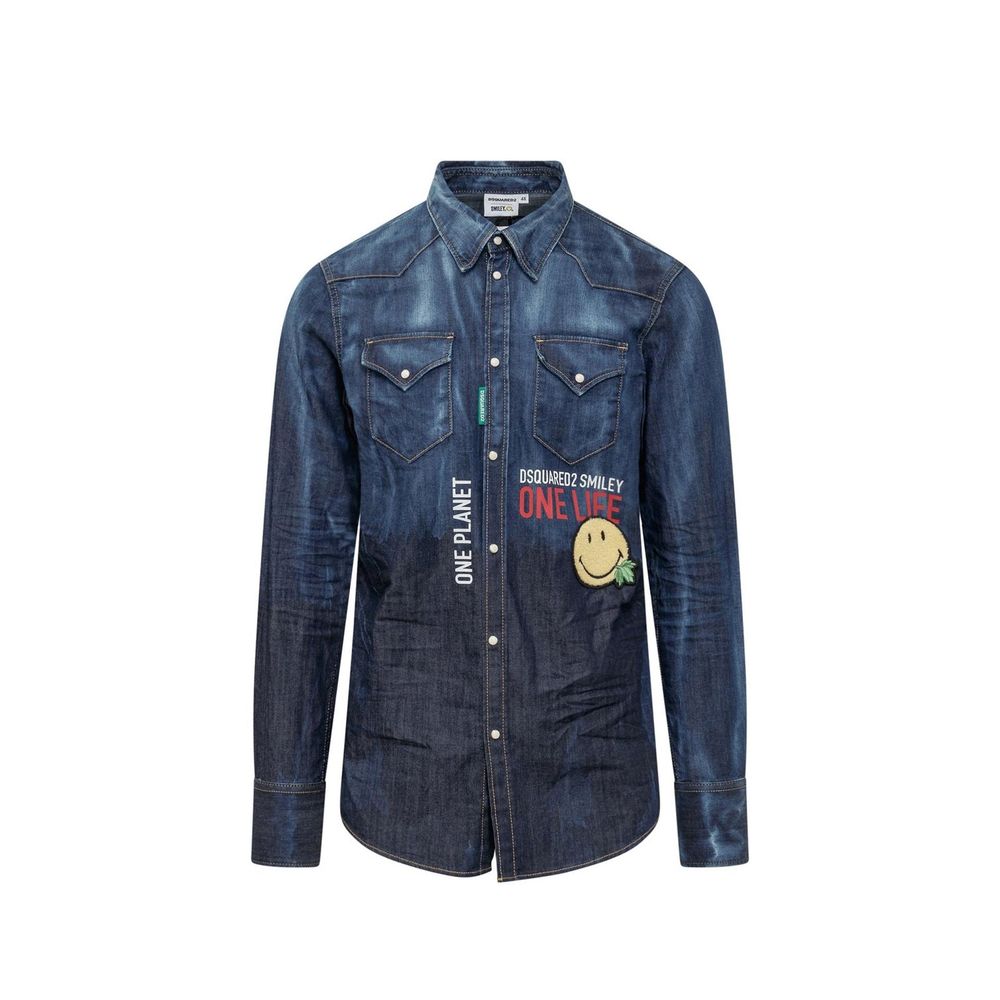 Dark blue denim shirt with button front, chest pockets, and 'One Planet One Life' text with smiley patch