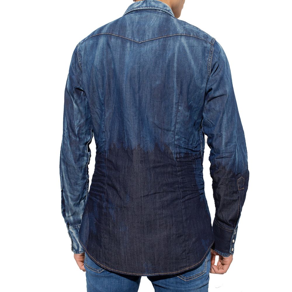 Back view of man wearing a blue denim ombre shirt and jeans against white background