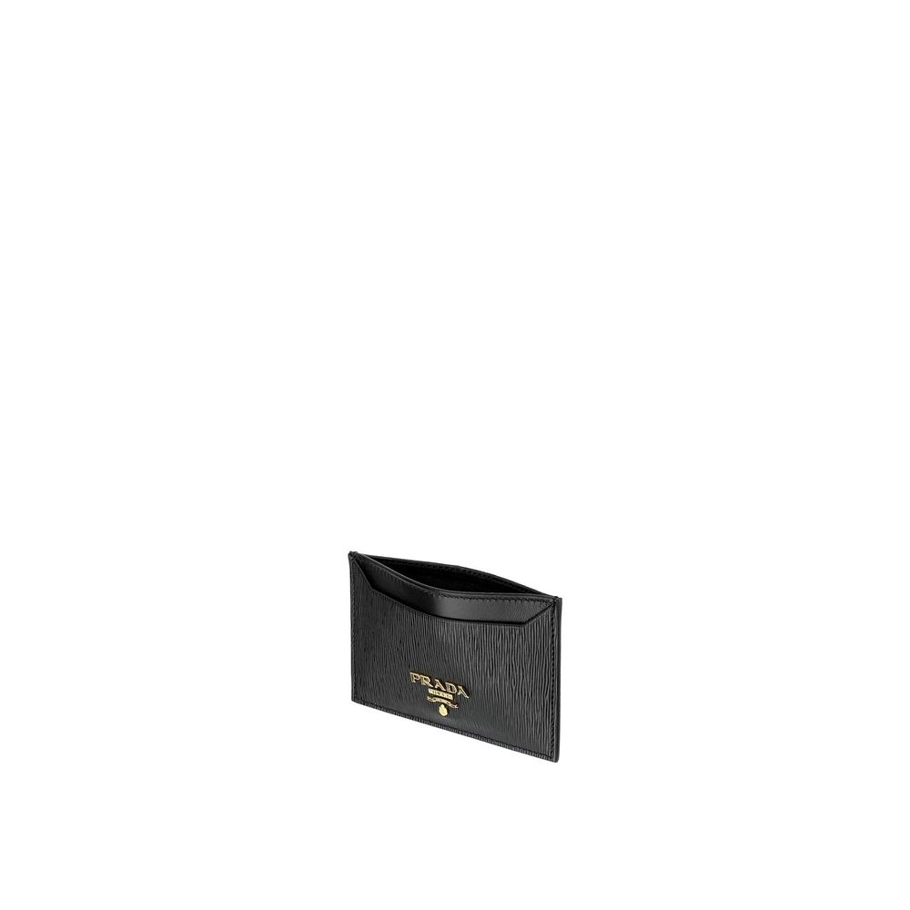 Black Prada cardholder with textured leather and gold logo on white background