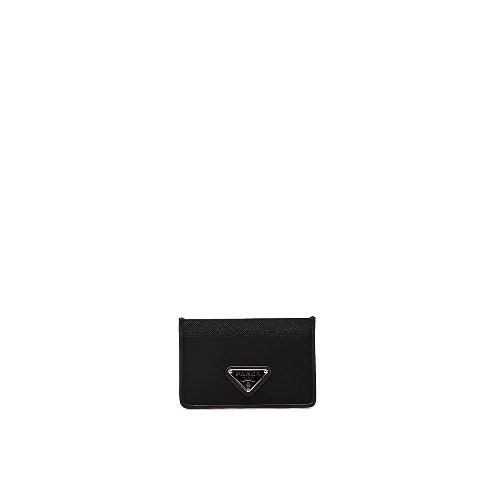 Black Prada cardholder with silver triangle logo on white background