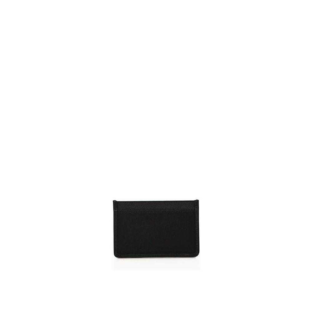 Black Prada cardholder with silver triangle logo on white background