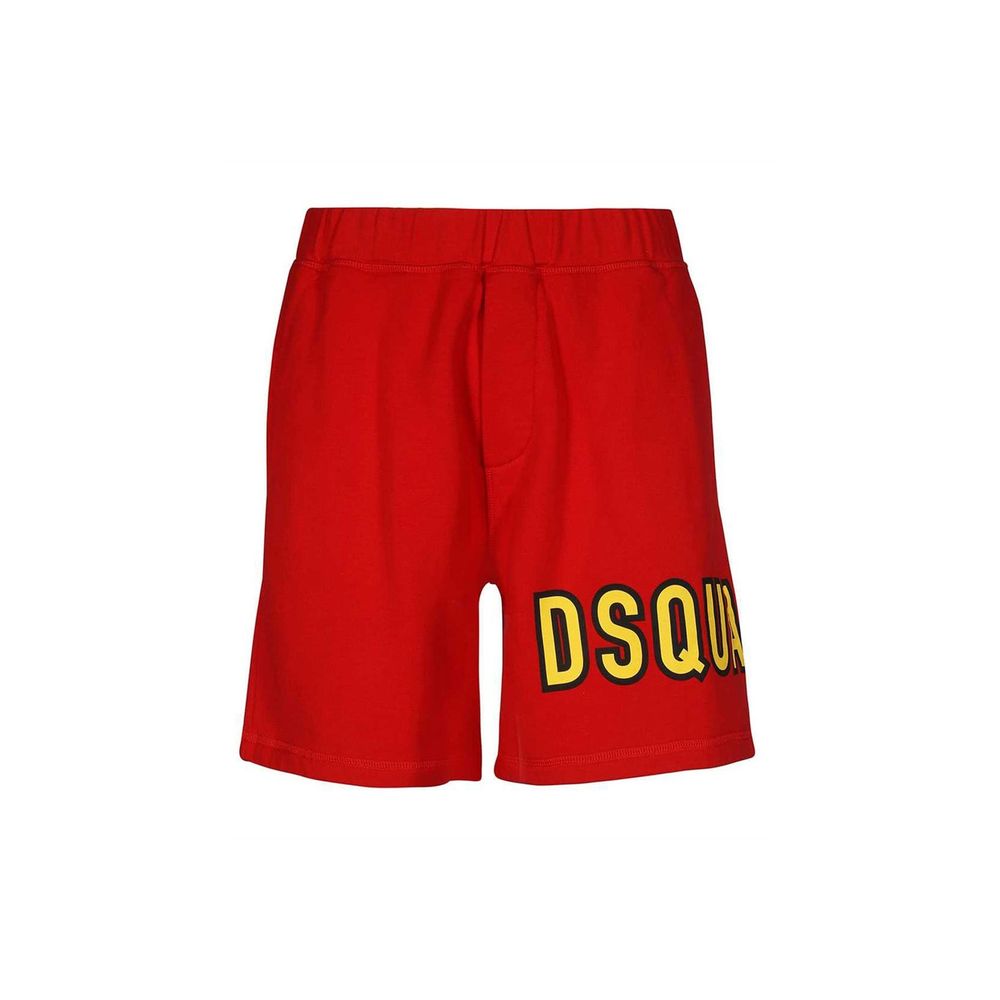 Red DSQUARED2 shorts with elastic waistband and yellow logo print
