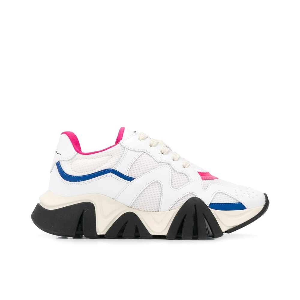 White mesh and leather sneaker with blue and pink accents, thick cream and black sole