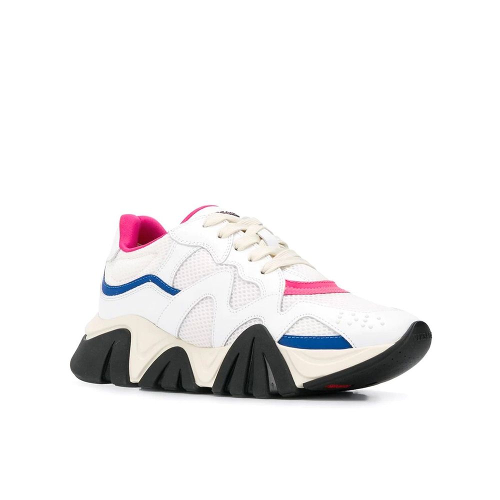 White chunky sneakers with blue and pink accents, mesh upper, and black rugged sole