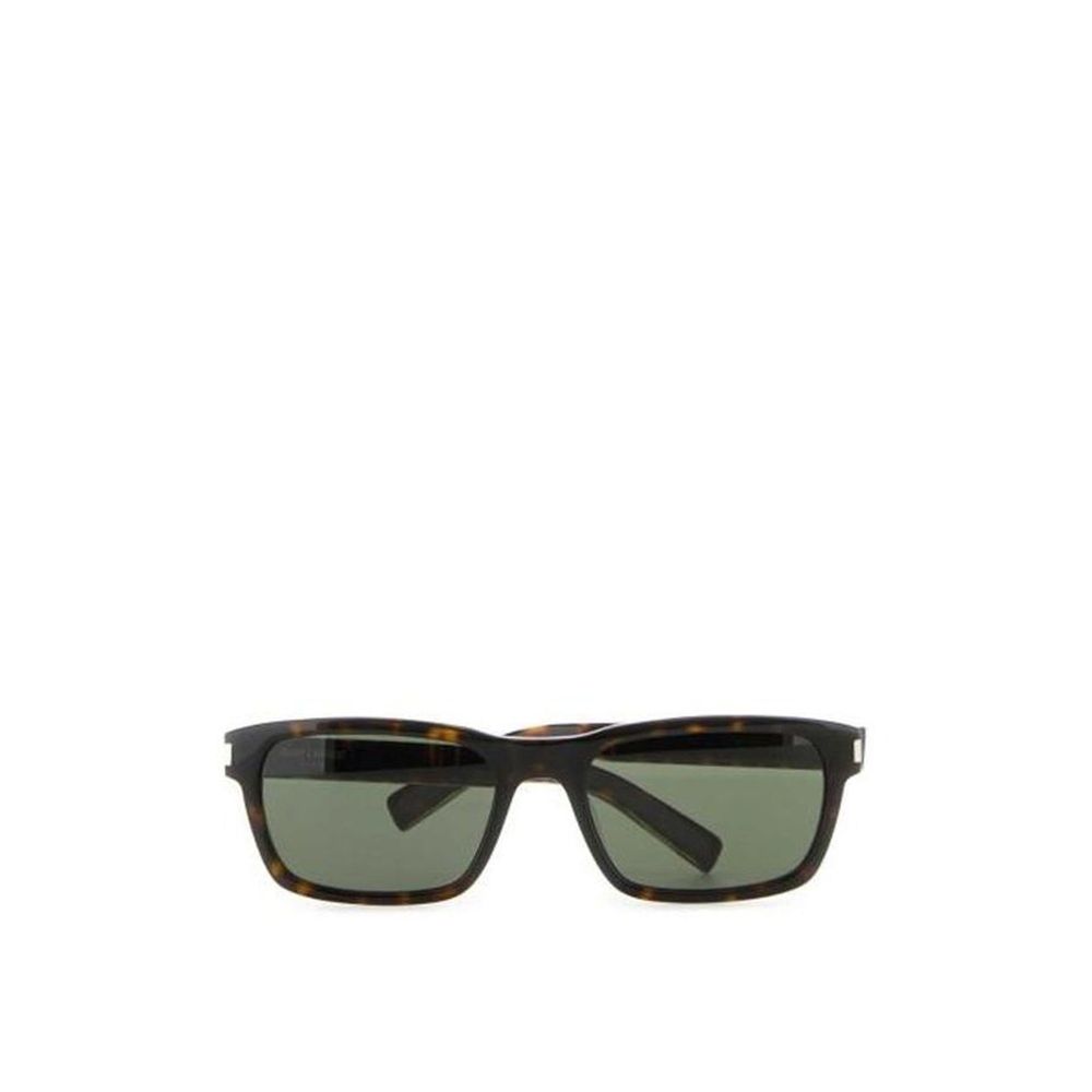 Rectangular tortoiseshell frame sunglasses with dark green lenses on white background