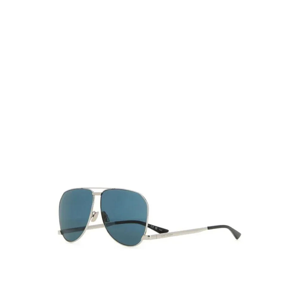 Silver metal frame aviator sunglasses with blue tinted lenses on white background