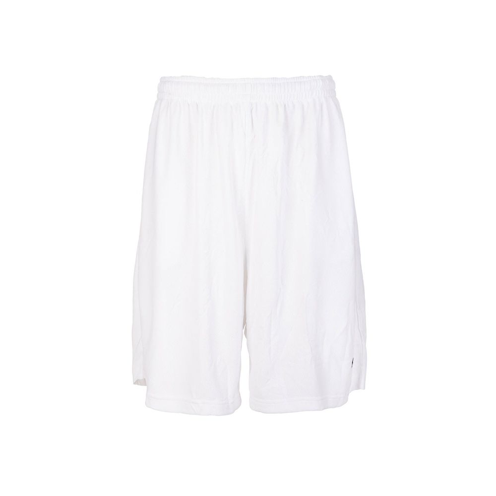 Plain white men's athletic shorts with elastic waistband on white background