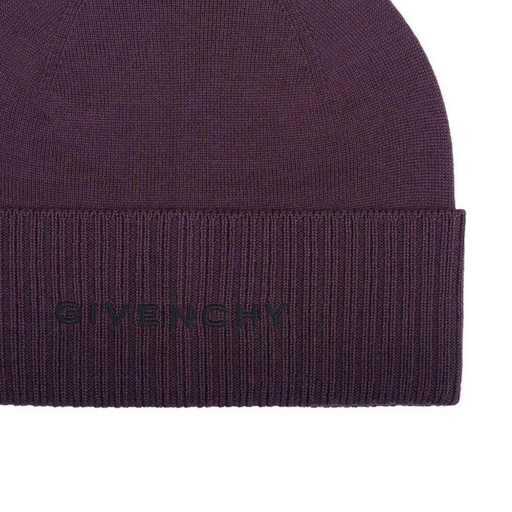 Close-up of purple ribbed knit beanie with black Givenchy logo embroidery