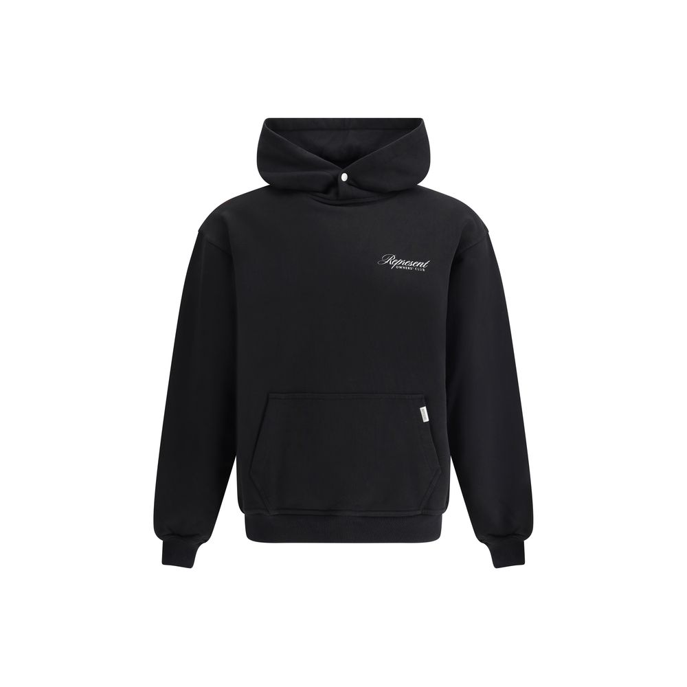 Black hoodie with front pocket and small white logo text on left chest on white background