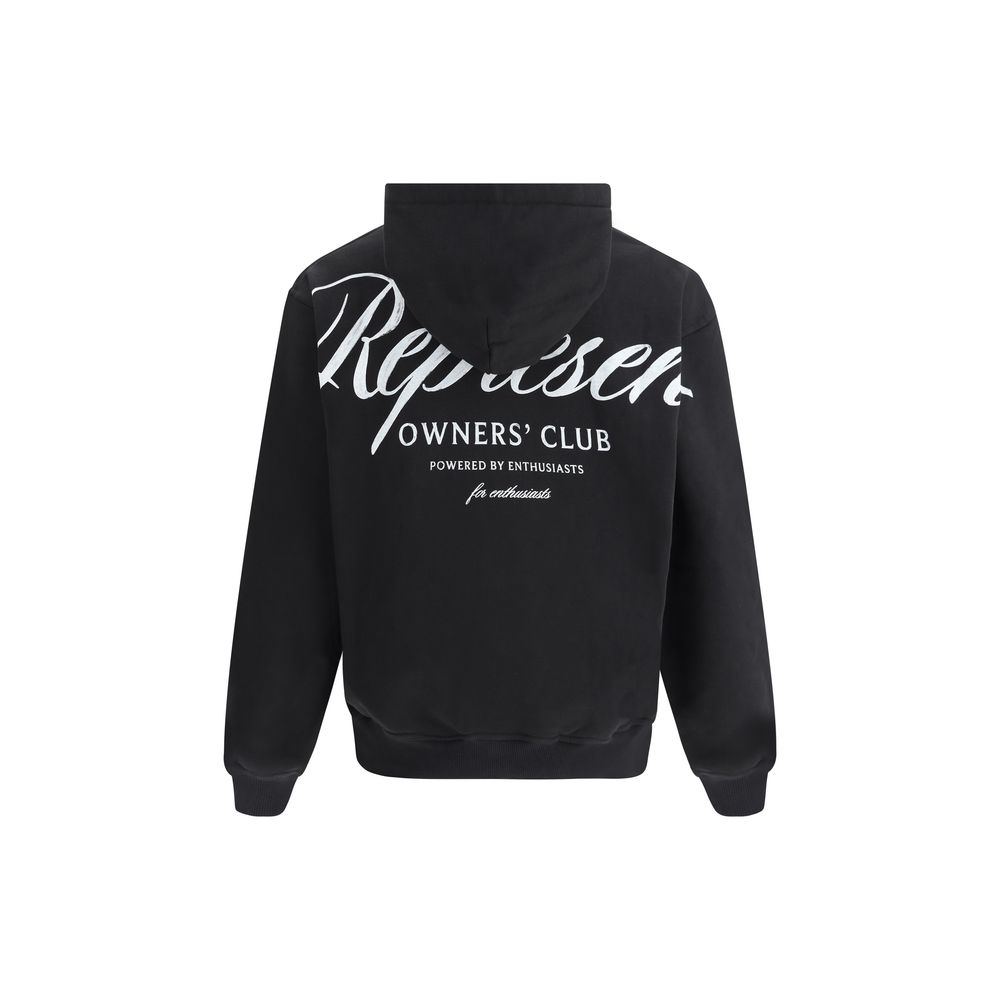 Black hoodie with white "Represent Owners' Club" text and slogan on back, ribbed cuffs and hem