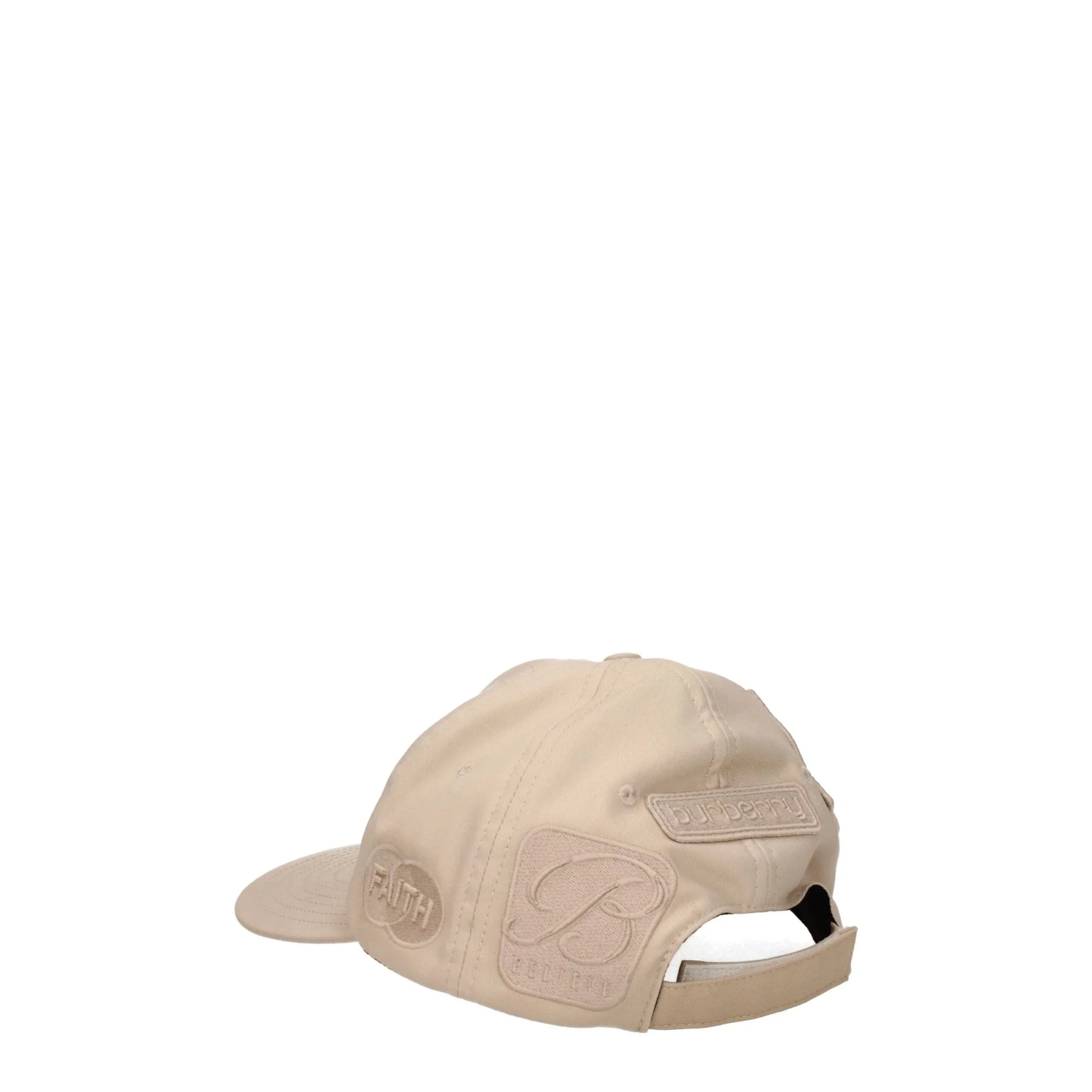 Beige Burberry baseball cap with embroidered patches and adjustable strap