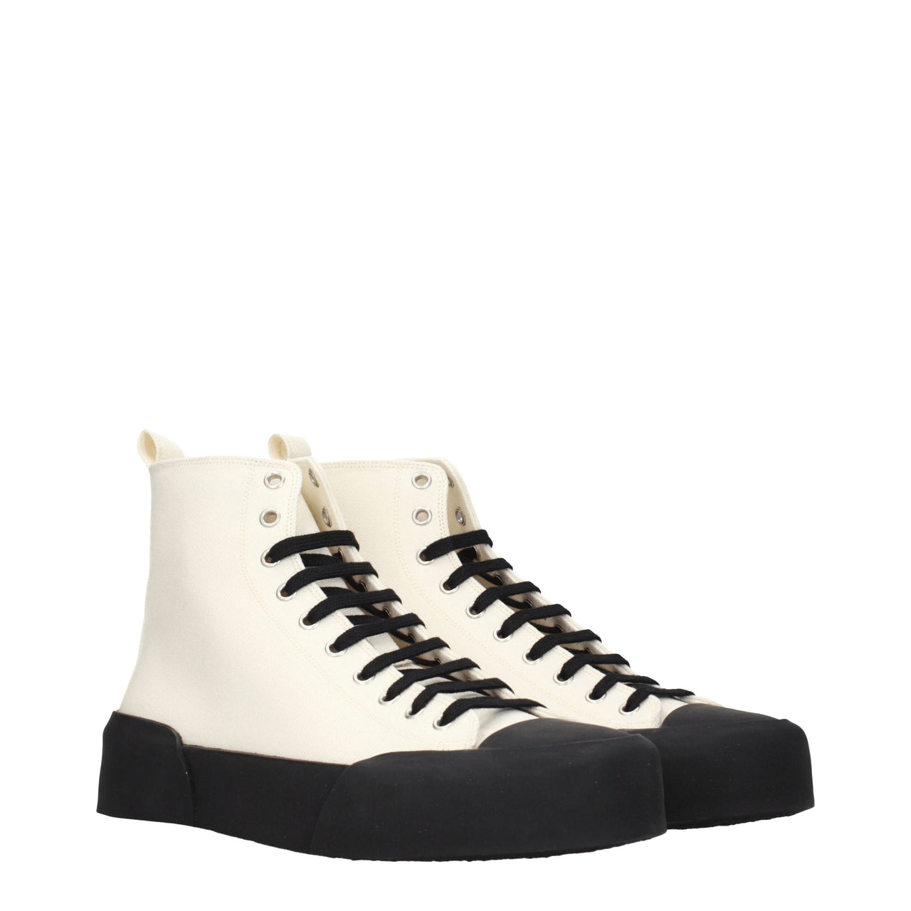 White high-top canvas sneaker with black laces and thick black rubber sole, side view