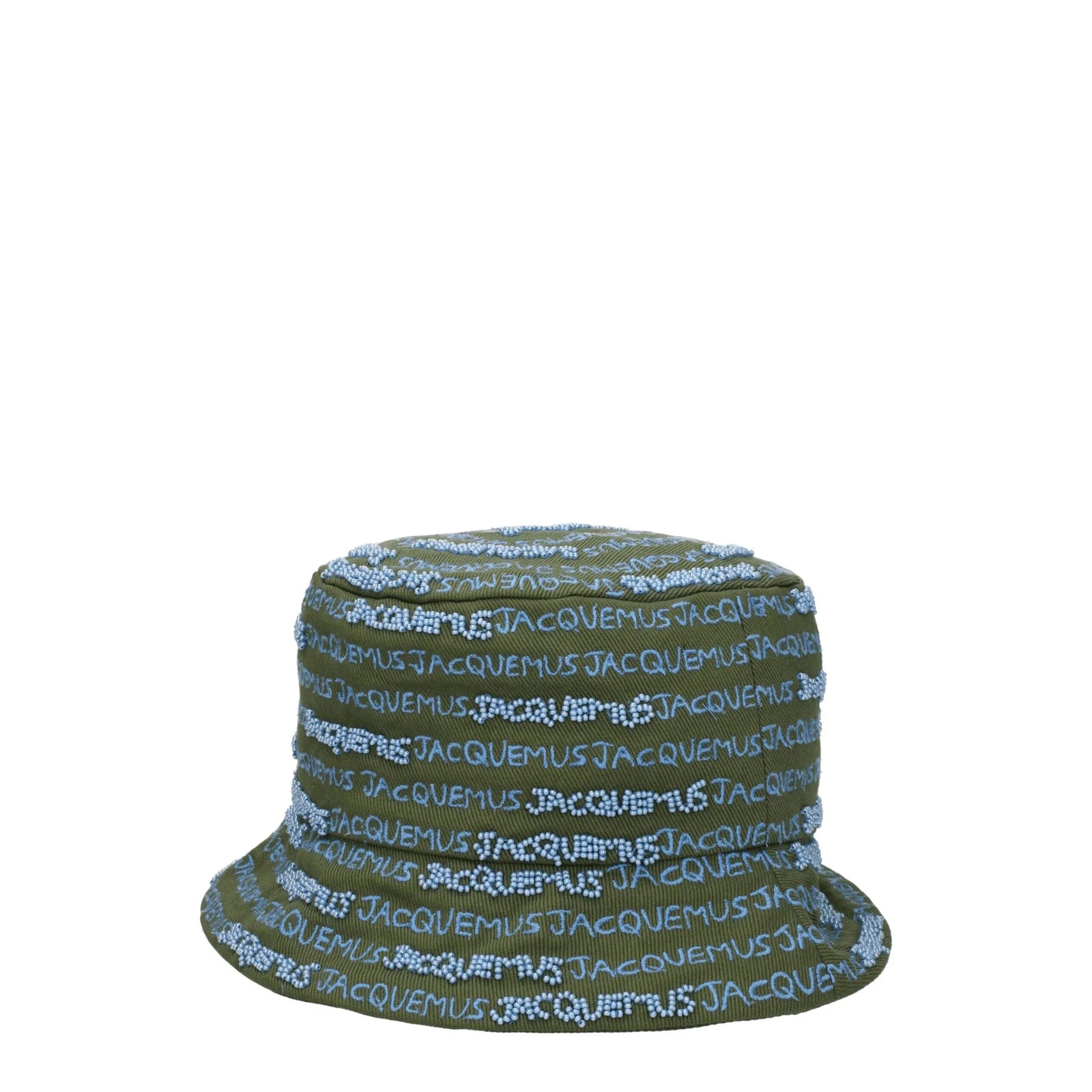 Olive green bucket hat with repeated blue Jacquemus logo embroidery