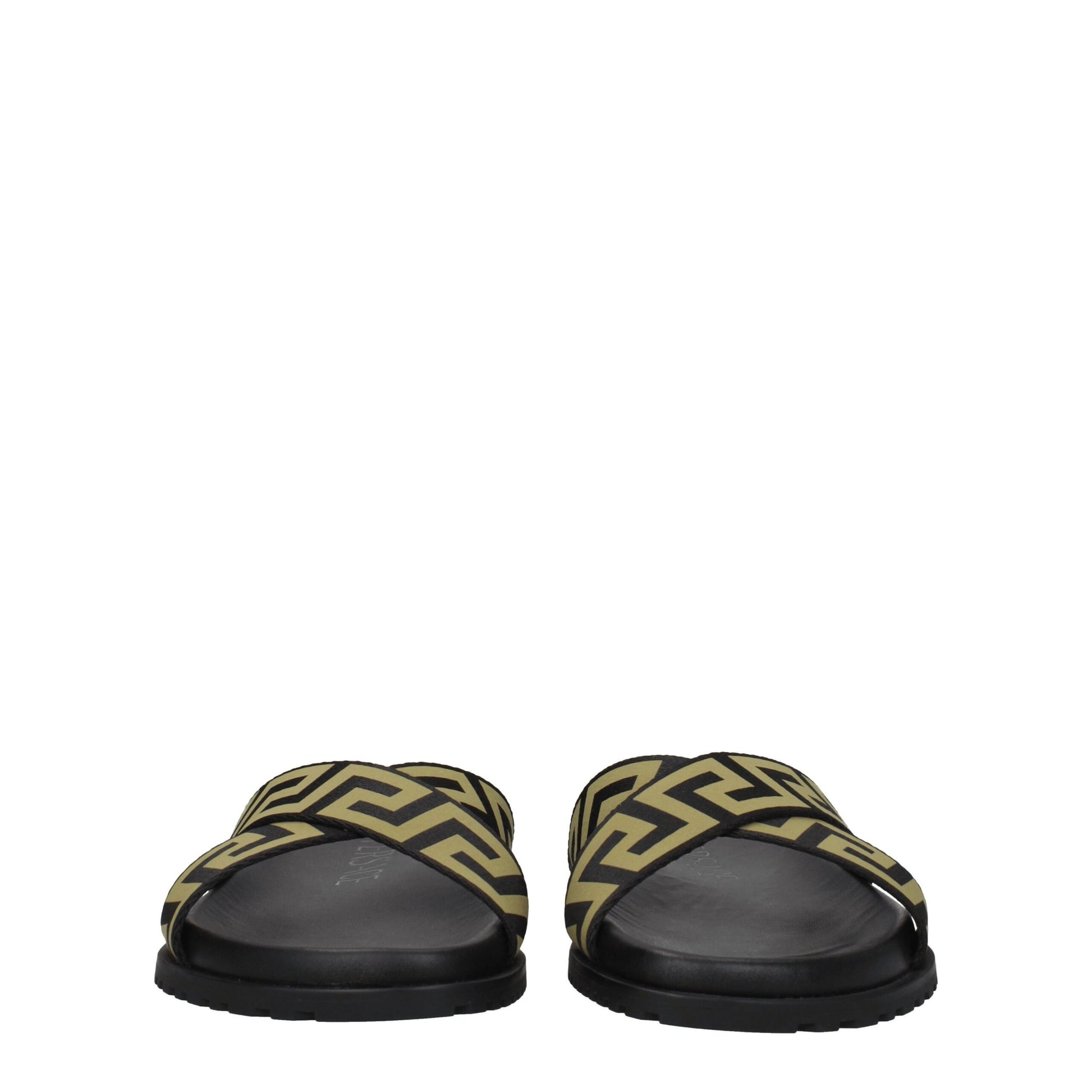 Black slide sandals with beige geometric crisscross straps, rubber sole, front view