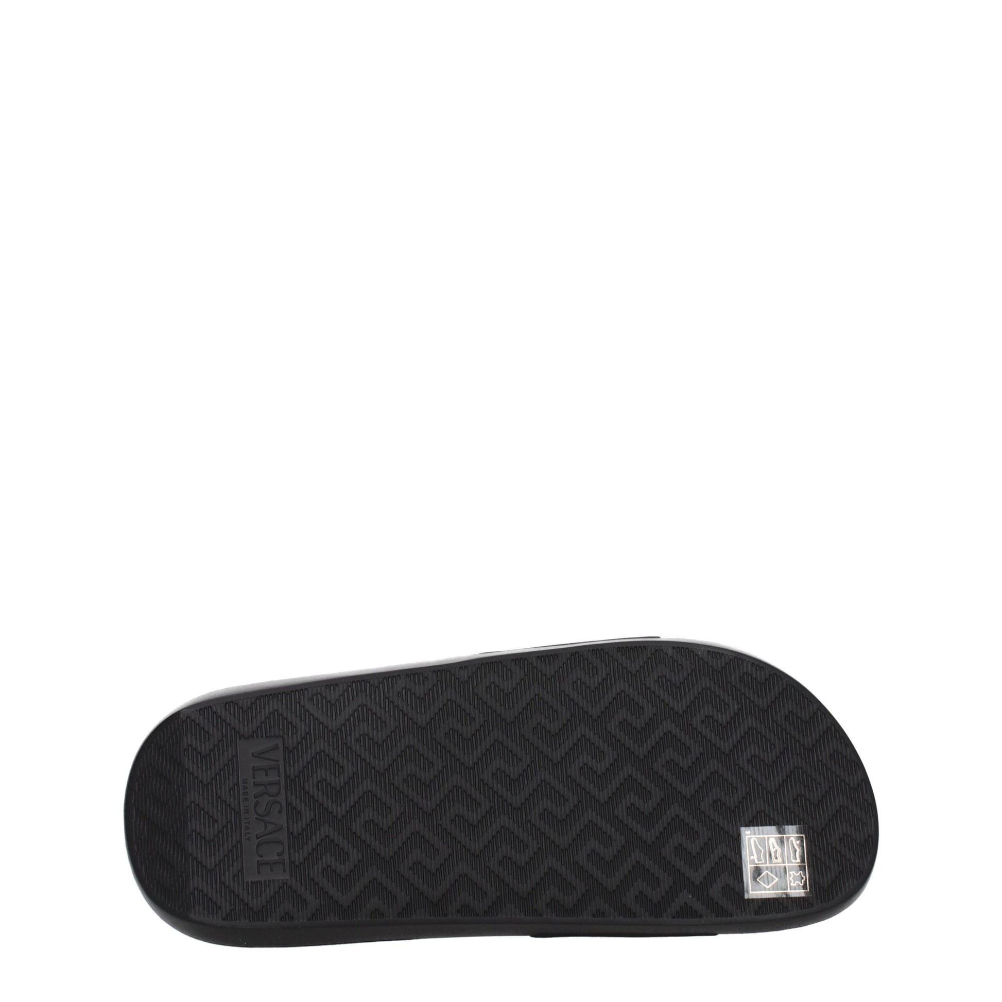 Black Versace slide sandal sole with geometric pattern and brand logo