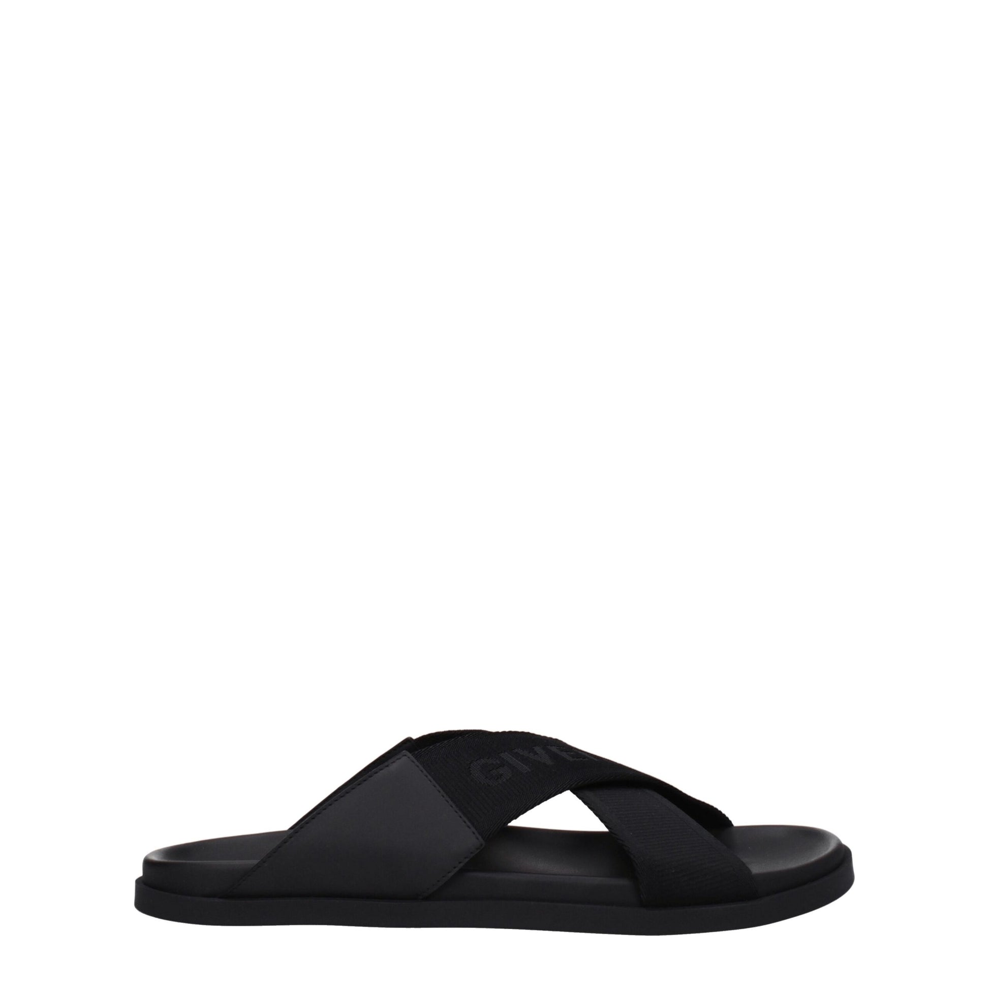 Minimalist black slide sandal with crisscross fabric straps and cushioned sole