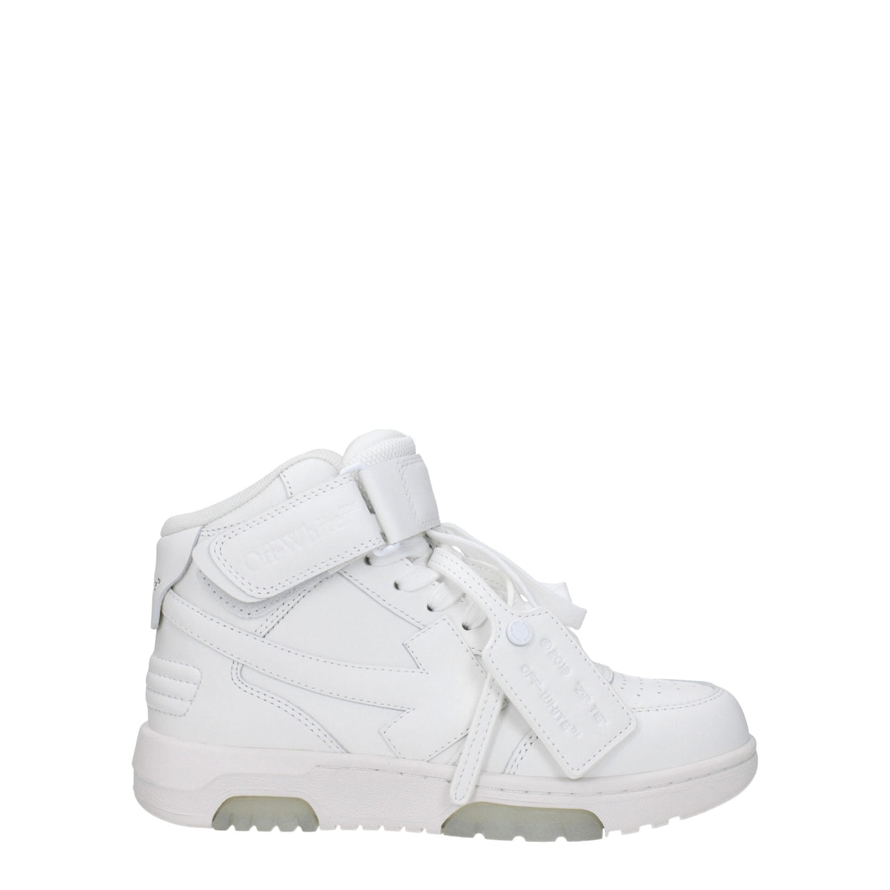 White Off-White high-top sneaker with arrow logo, strap, and branded tag on white background