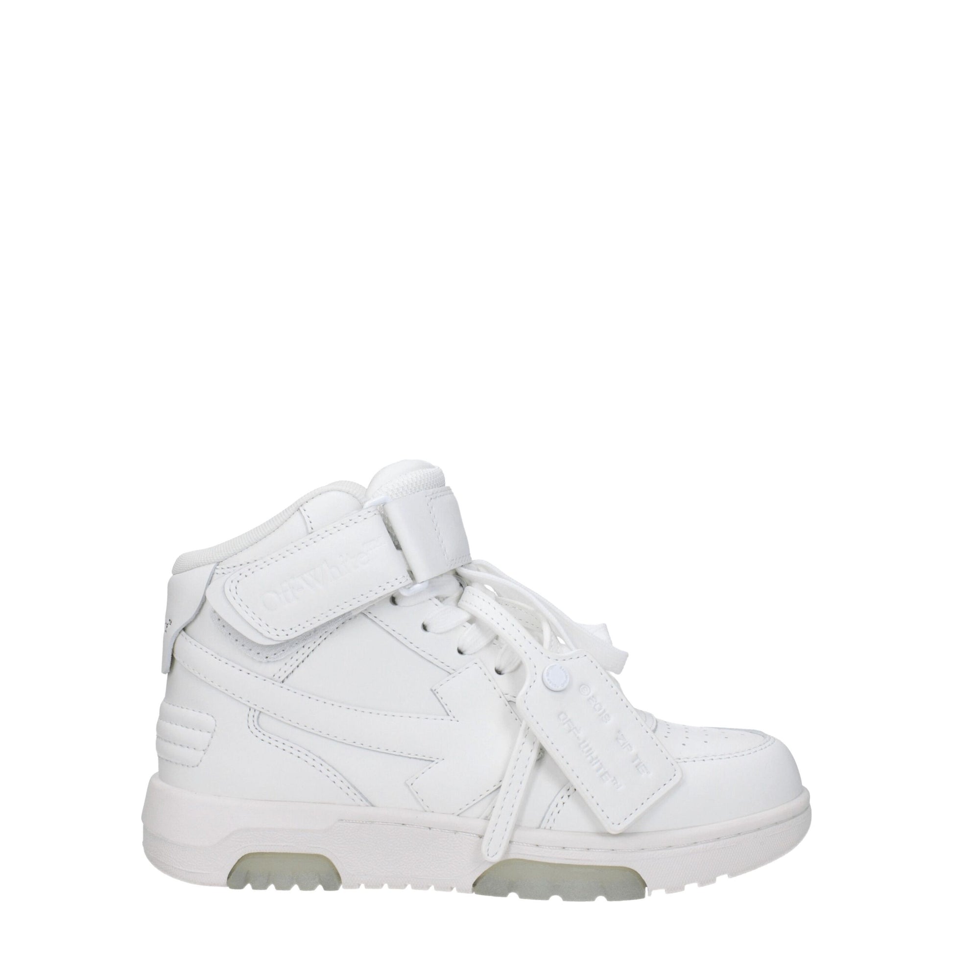 White Off-White high-top sneaker with arrow logo, strap, and branded tag on white background