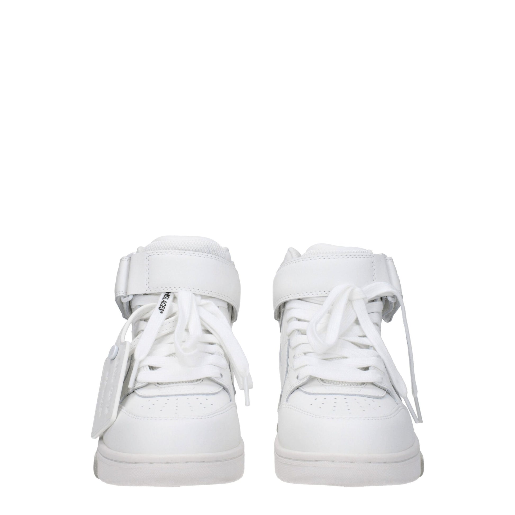 Pair of white high-top sneakers with ankle straps and laces on white background
