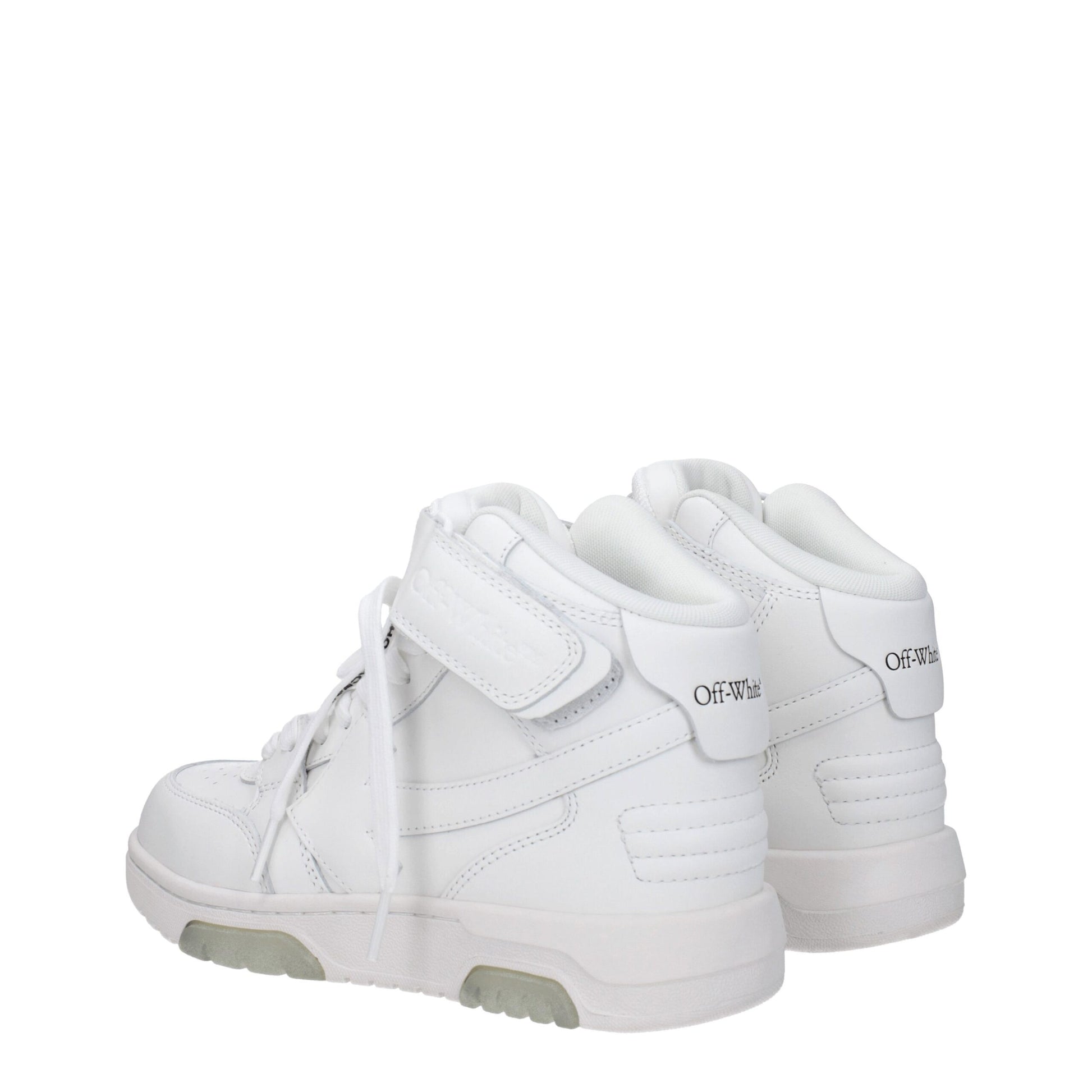 Pair of white Off-White high-top sneakers with velcro strap and rubber sole