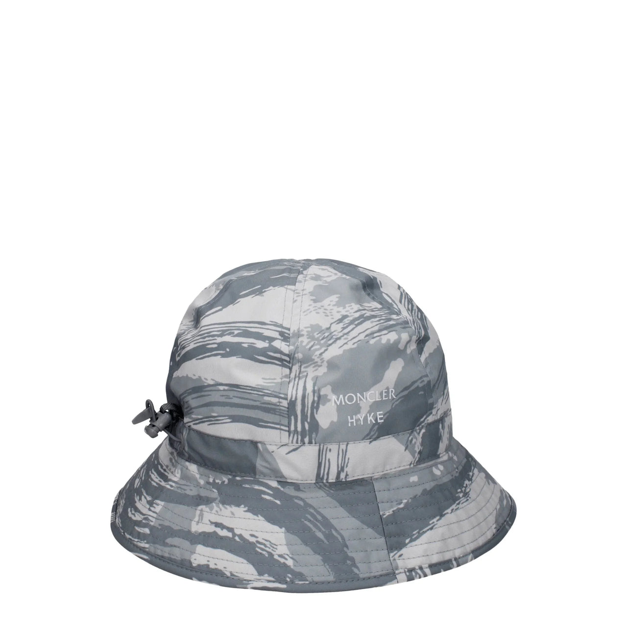 Grey and white abstract patterned bucket hat with Moncler Hyke logo and adjustable toggle