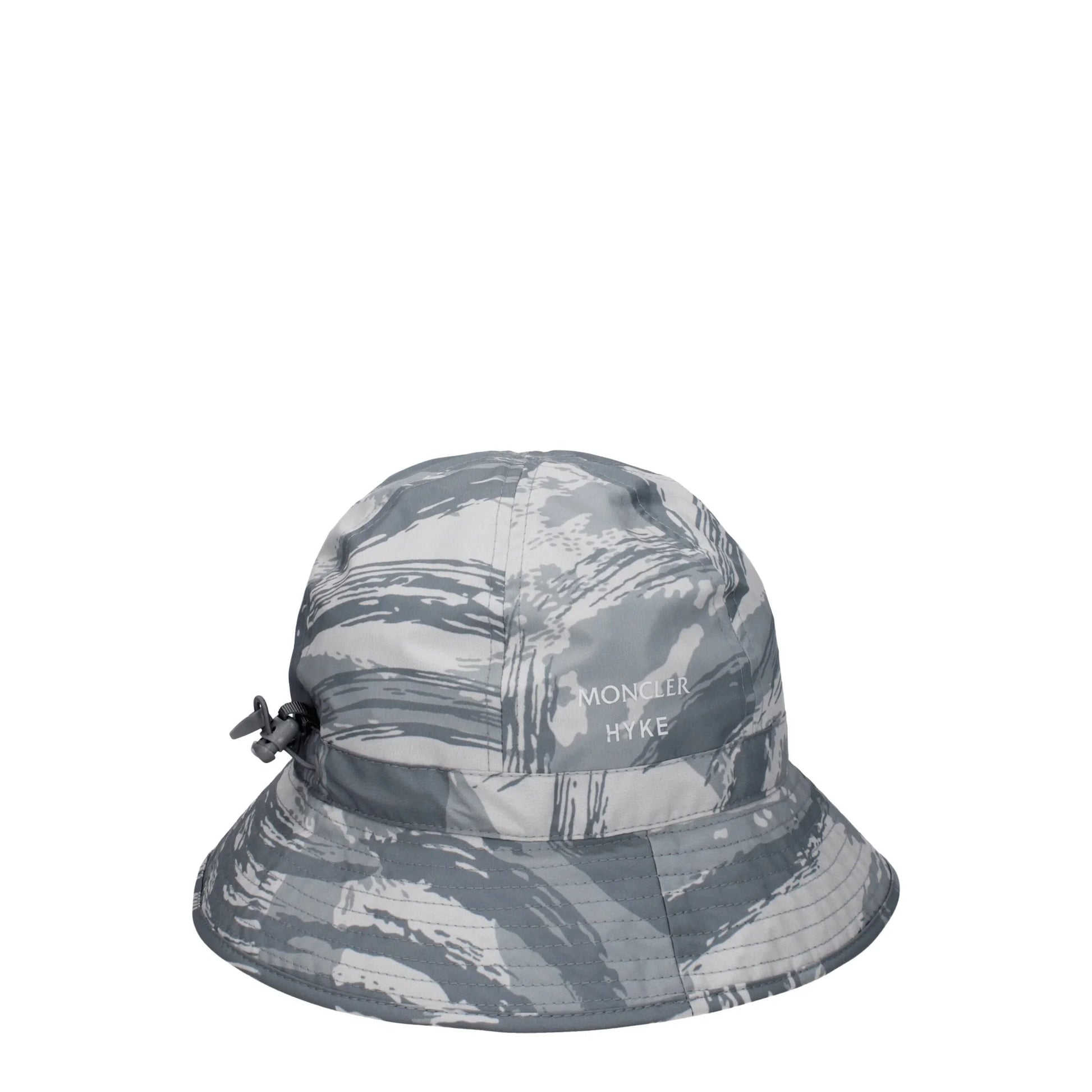 Grey and white abstract patterned bucket hat with Moncler Hyke logo and adjustable toggle