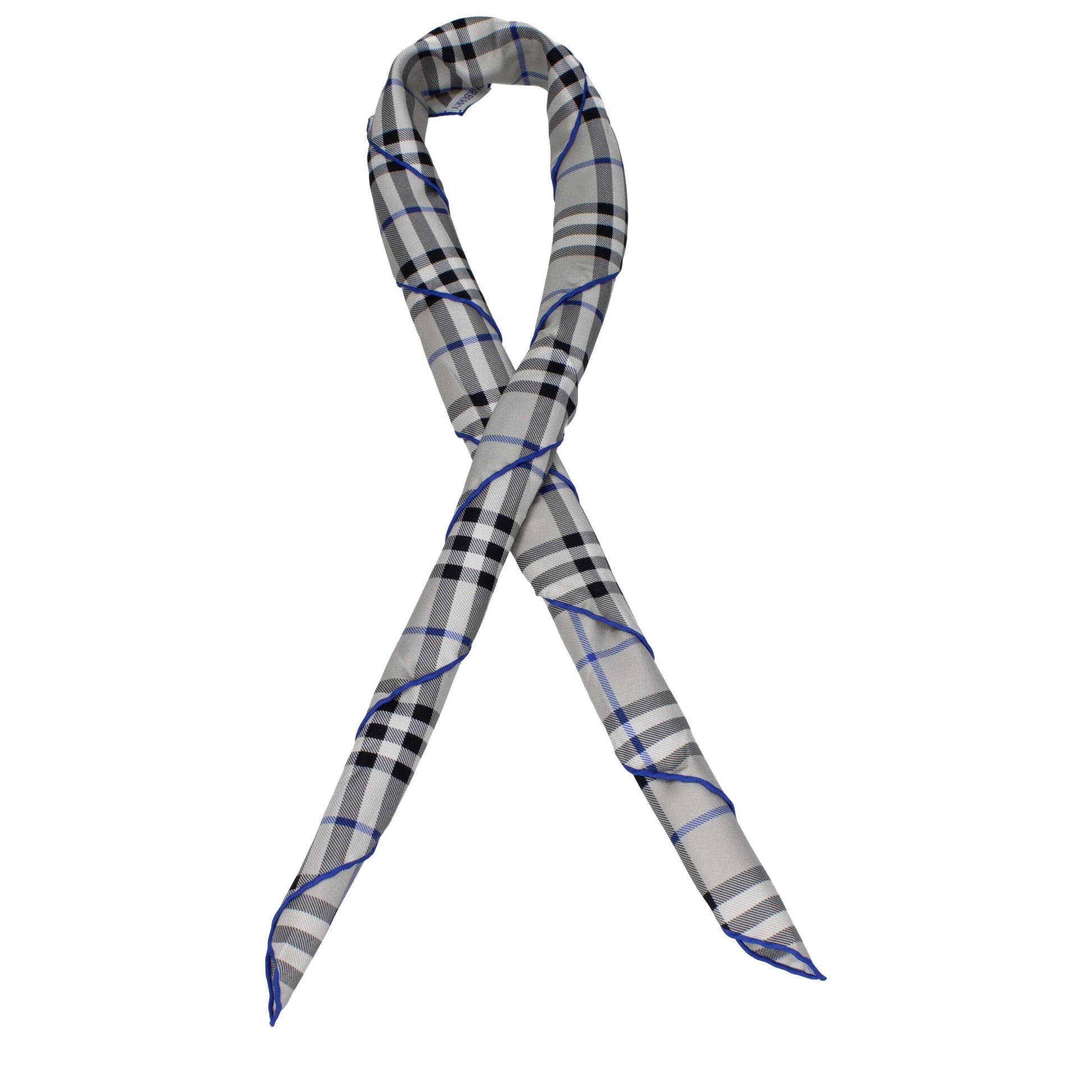 Gray plaid patterned stylish scarf with black, white, and blue lines folded on white background