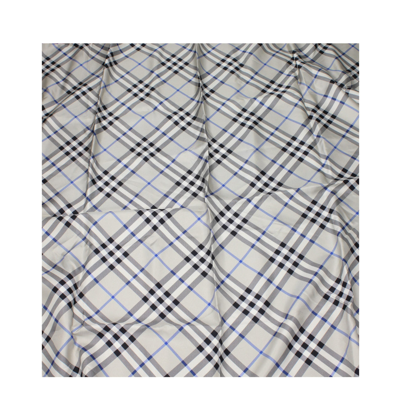 Gray plaid patterned stylish scarf with black, white, and blue lines folded on white background