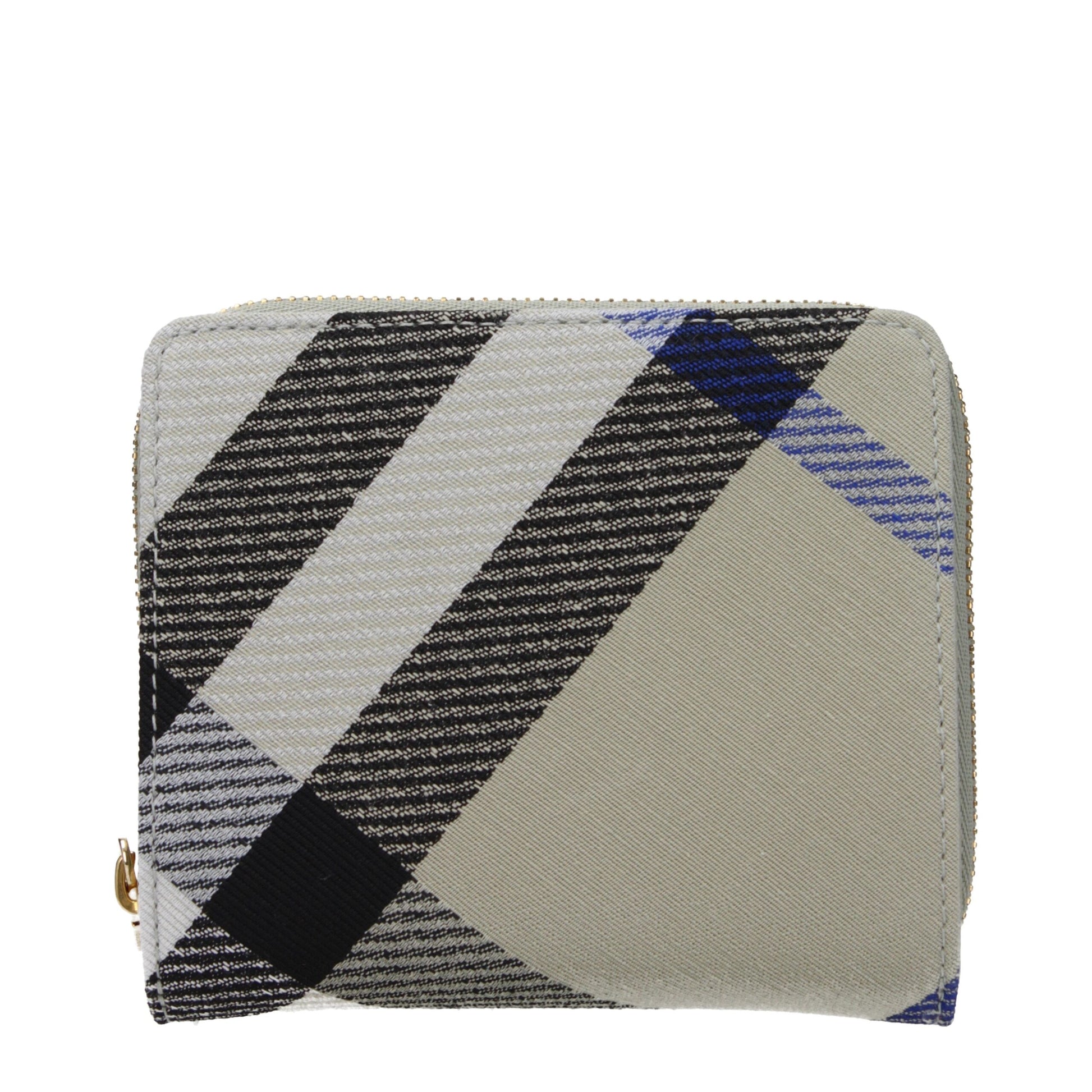 Compact plaid fabric wallet with black, beige, and blue diagonal stripes and gold zipper