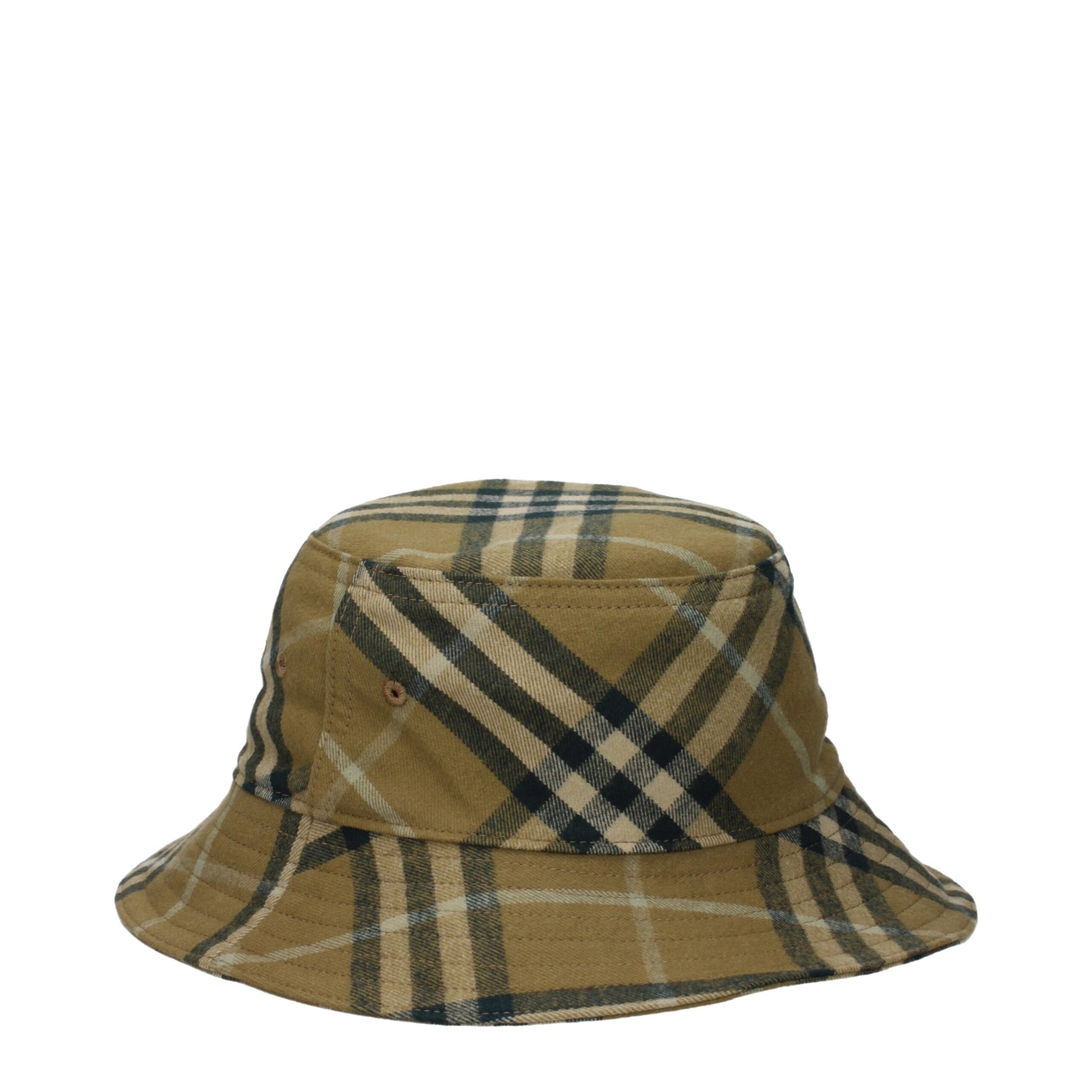 Tan plaid bucket hat with black and beige check pattern, casual fashion accessory