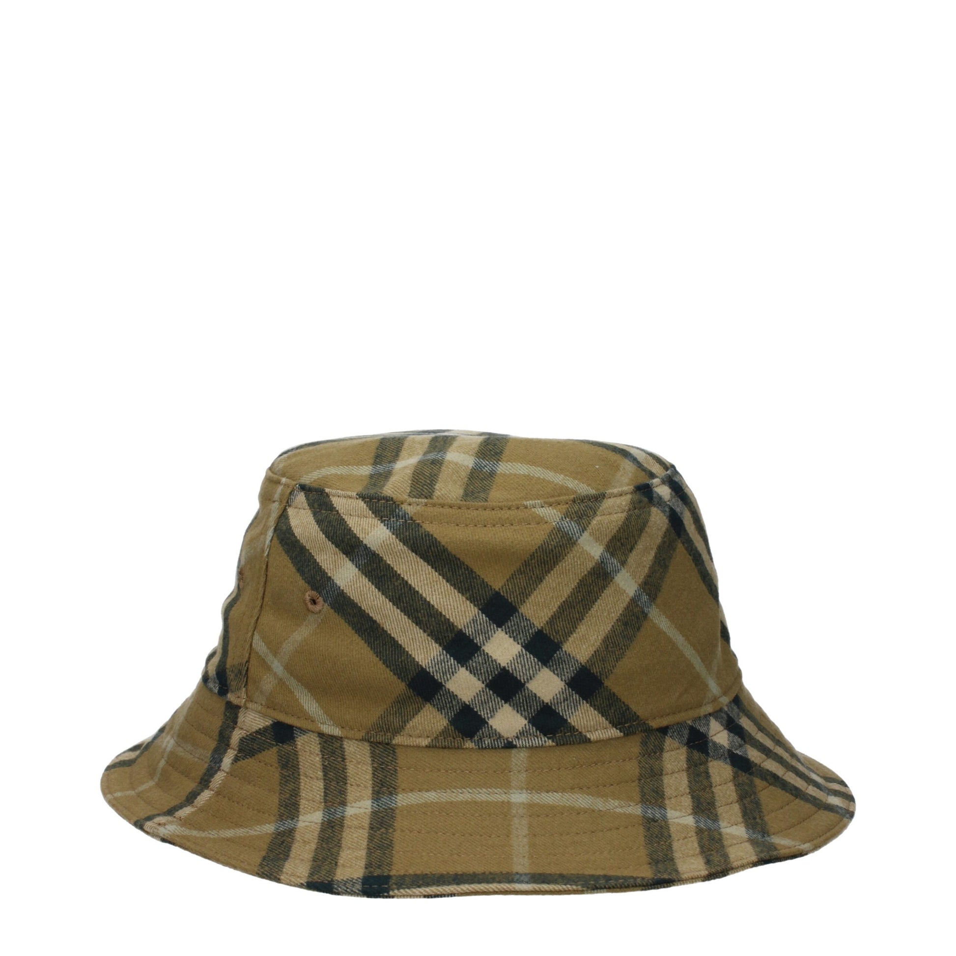 Tan plaid bucket hat with black and cream checkered pattern on white background