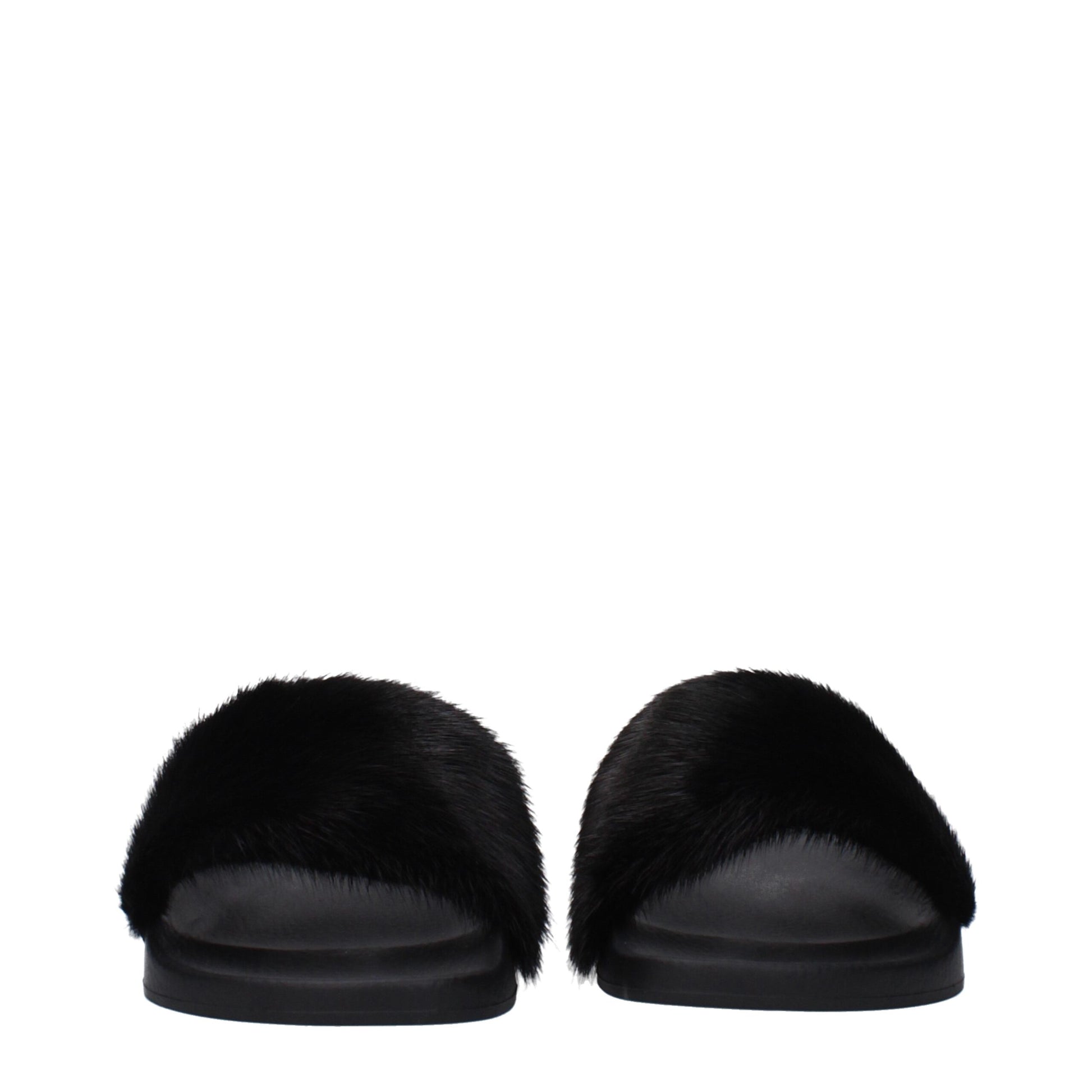 Black furry slide sandals with smooth footbeds on white background